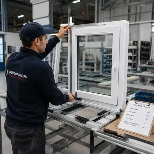 Technicien effectuant le contrôle qualité et les réglages d’une fenêtre PVC en atelier