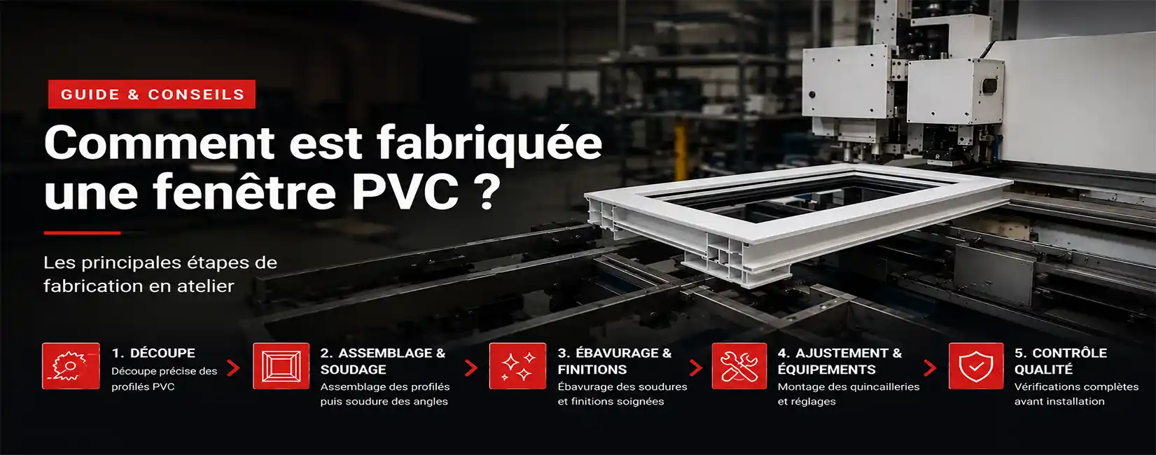 Fabrication d’une fenêtre PVC en atelier avec machines de découpe et assemblage de profilés