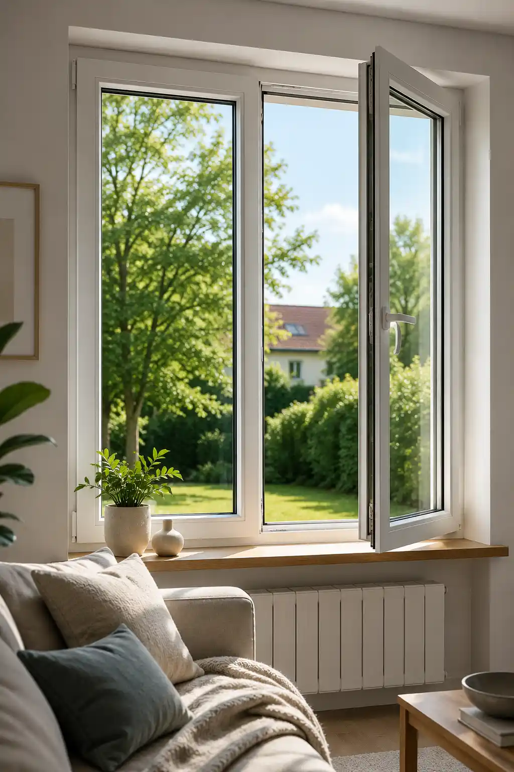 Fenêtre PVC moderne ouverte dans un intérieur lumineux offrant confort, isolation thermique et vue sur un jardin.