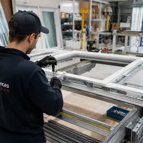 Réglage et montage des équipements sur une fenêtre PVC en atelier de fabrication