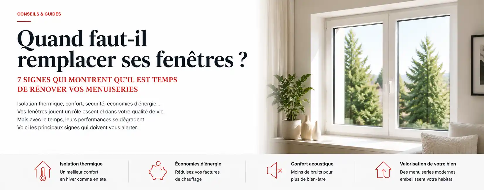 Fenêtre PVC moderne dans un intérieur lumineux illustrant les signes indiquant qu’il est temps de remplacer ses fenêtres et rénover ses menuiseries.