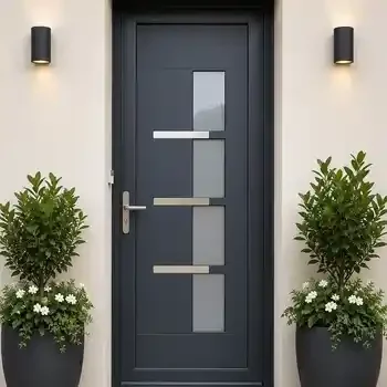 Porte d'entrée aluminium anthracite avec vitrages décoratifs et jardinières fleuries, vue de face.