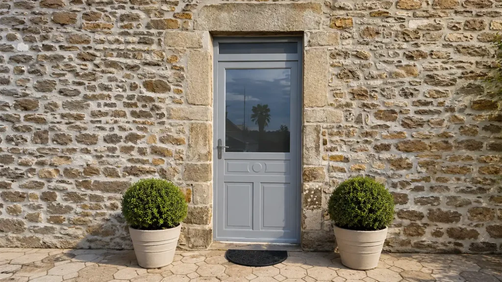 Porte d'entrée PVC grise sur maison en pierre – Réalisation artisanale